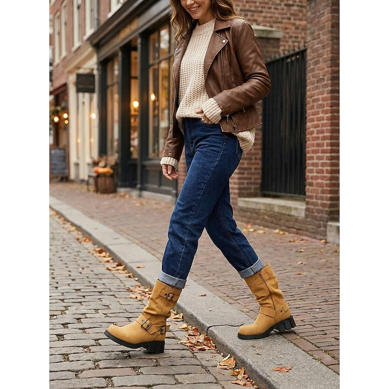 Sylvia | Spänndetaljade Mid-Calf Biker Boots