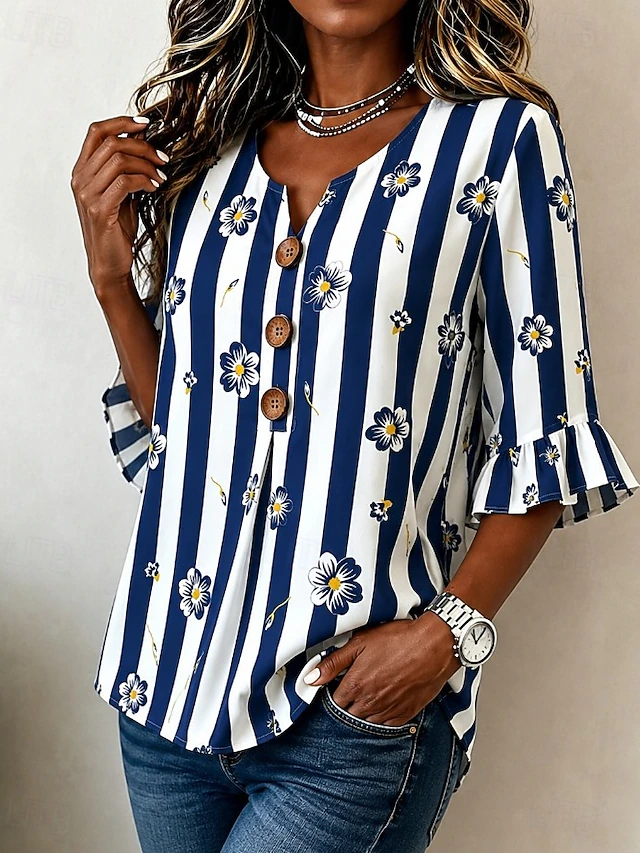 Vivian | Blommig Randig V-ringad Blus