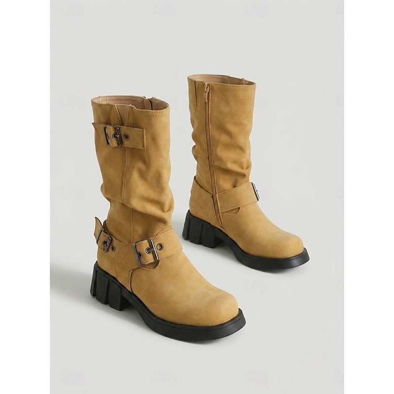Sylvia | Spänndetaljade Mid-Calf Biker Boots