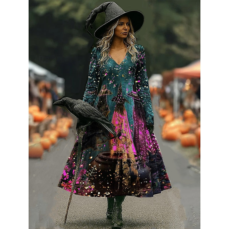 Maren | Halloween Häxa Tryck A-Linje Maxi Klänning