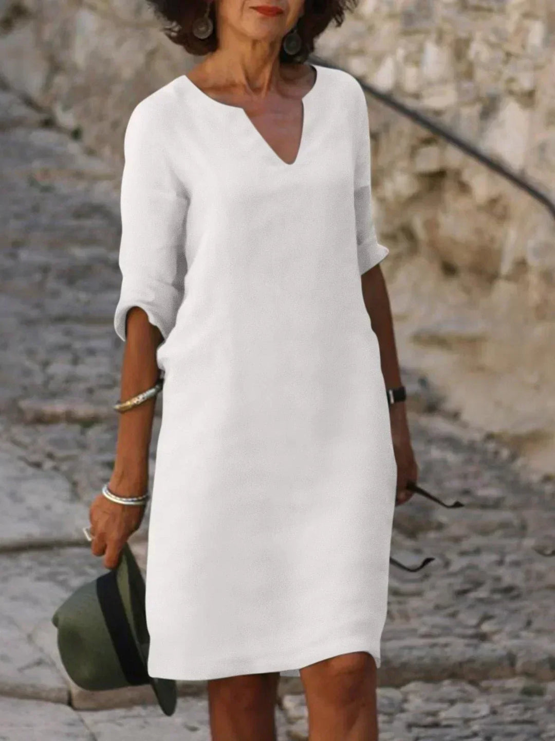 Harper | Elegant V-ringad Draperad Midi Klänning