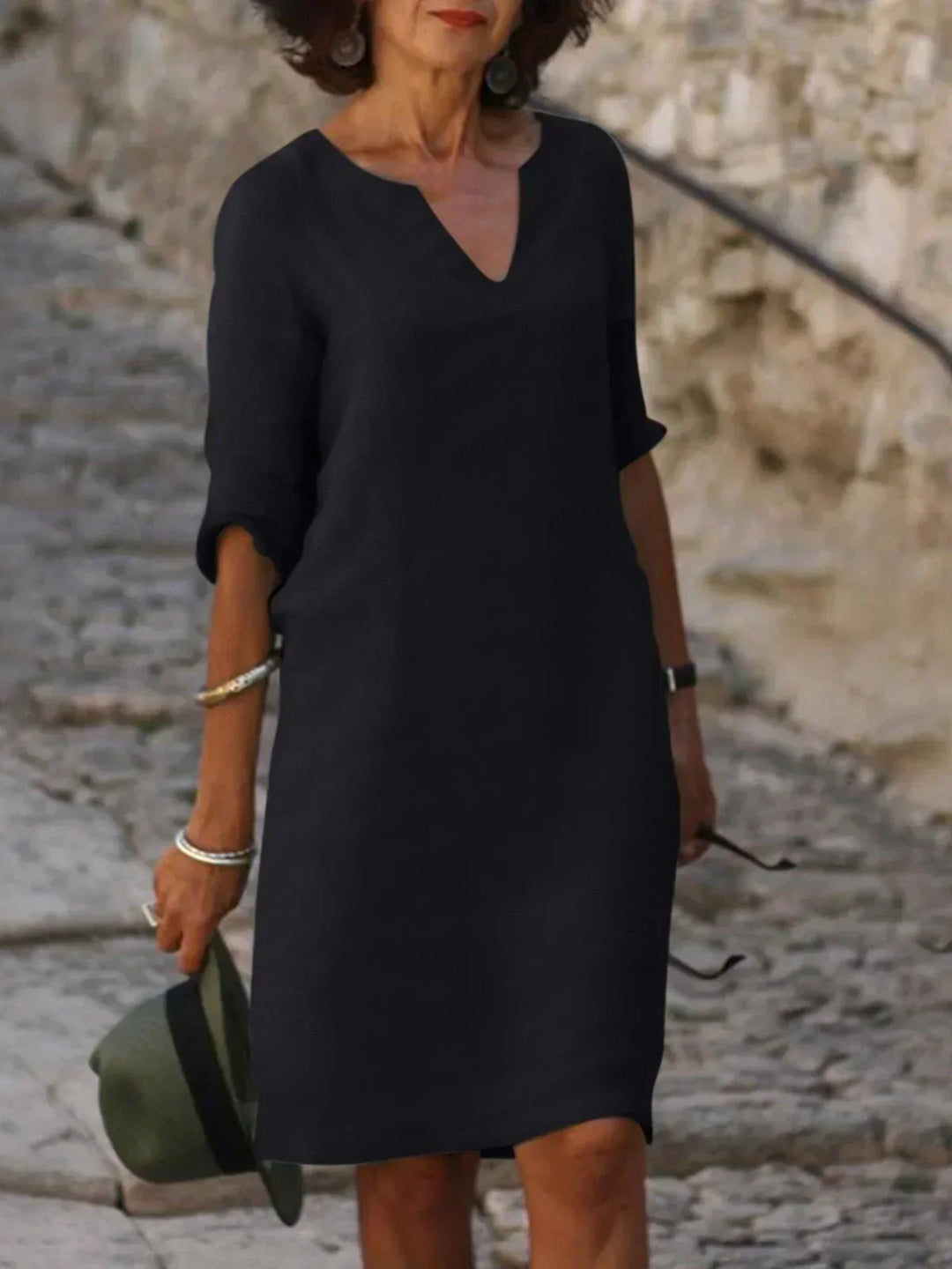 Harper | Elegant V-ringad Draperad Midi Klänning