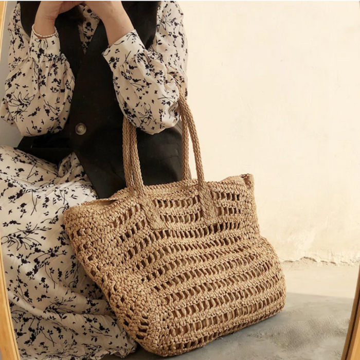 Dam Vävd Tote Bag med Flätat Handtag och Dragkedja