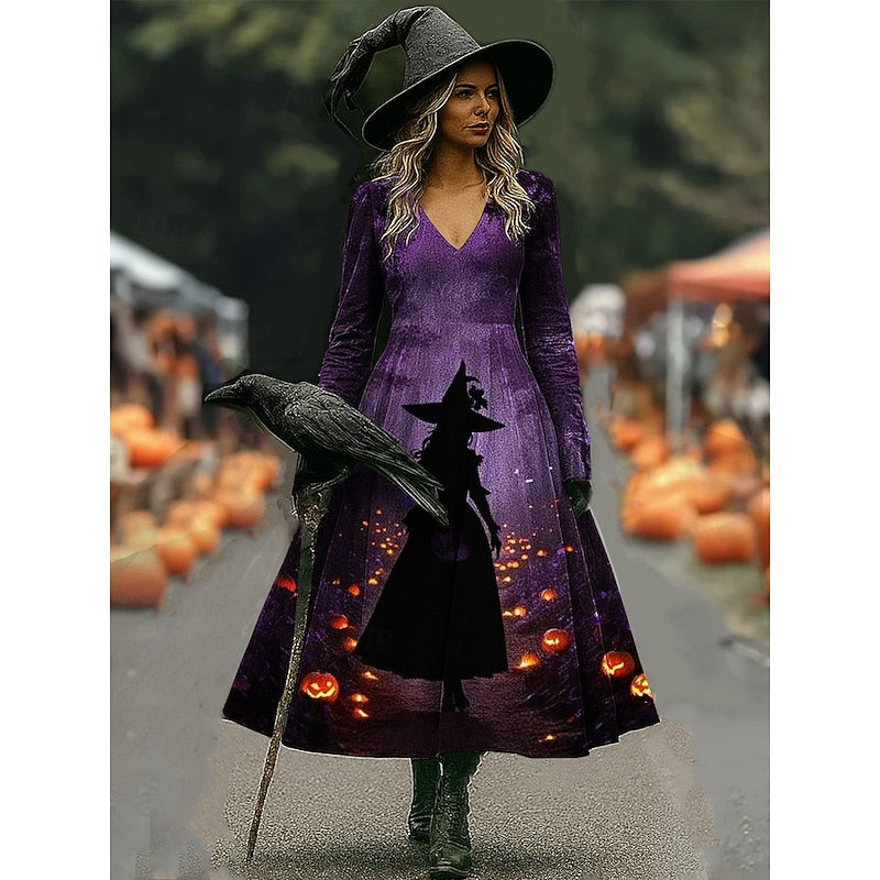 Maren | Halloween Häxa Tryck A-Linje Maxi Klänning