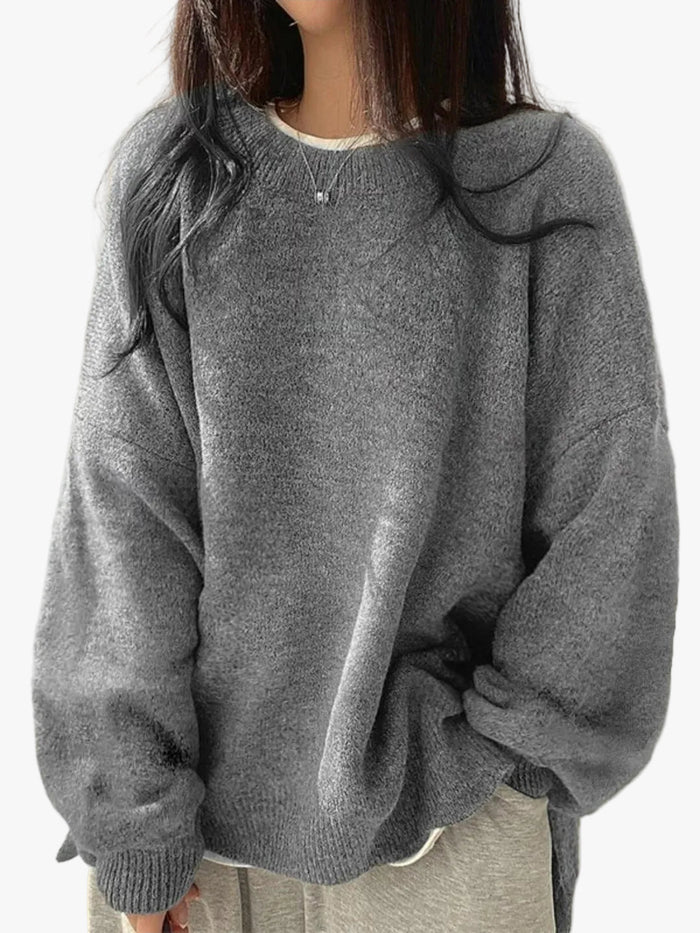 Dam Stickad Crewneck Tröja med Släppta Axlar och Slitsar