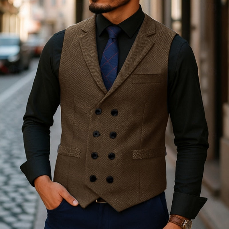 Bennett | Dubbelknäppt Herringbone Västar