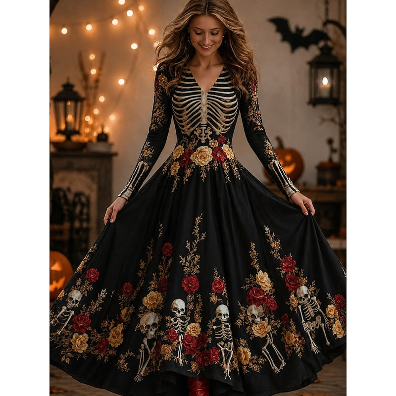 Seraphina | Halloween Skeletttryck Maxi Klänning